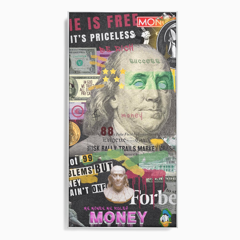 Tablou canvas cu tablou canvas cu portretul lui benjamin franklin, in rama de aluminiu argintiu